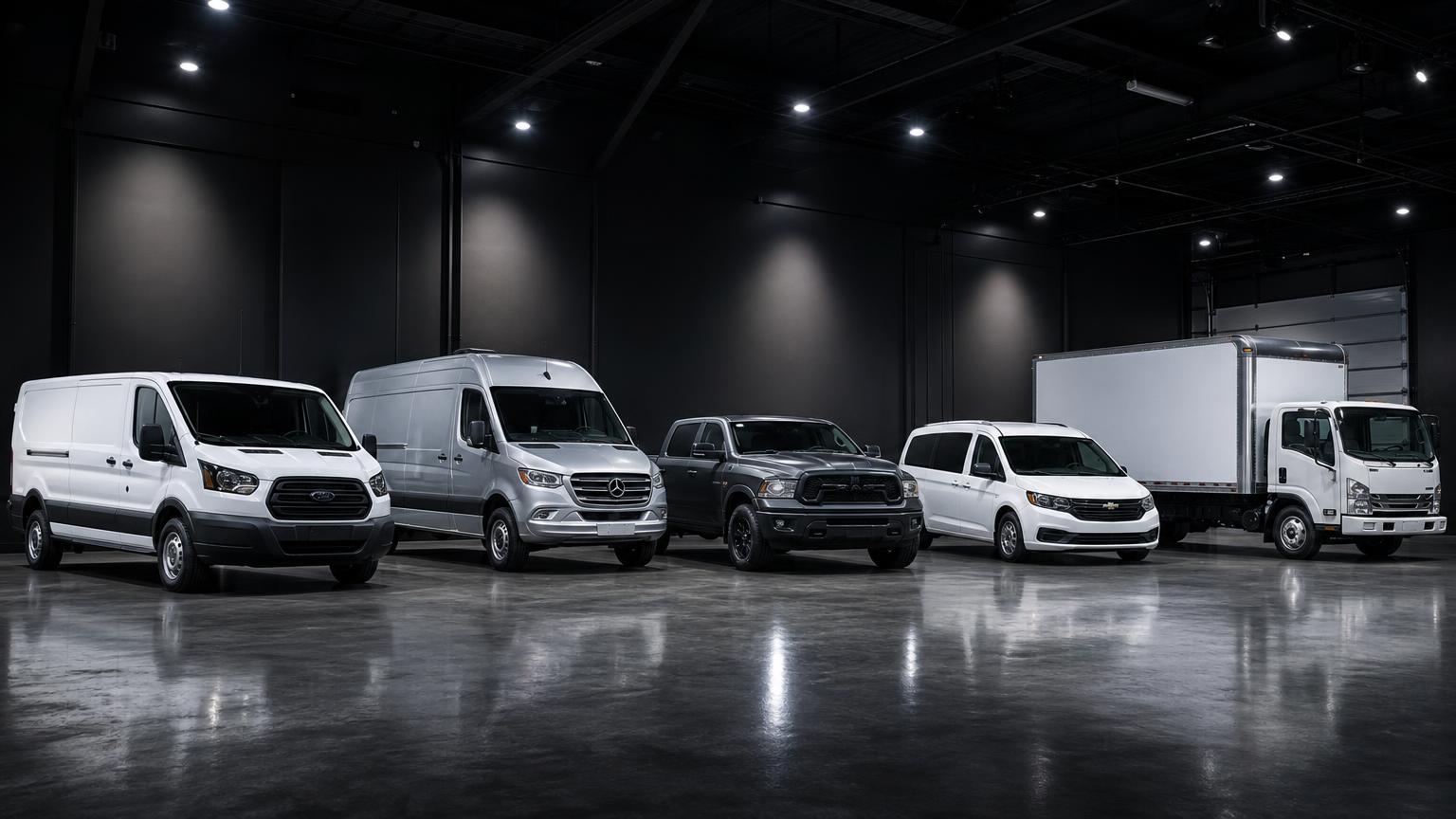 A premium fleet lineup including transit vans, a pickup truck, a mini van, and a box truck in a dark service bay
